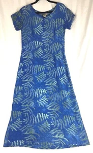 NTCO Nomadic Traders Long Blue Dress Women's Small Shift Green Ferns Cap Sleeves - Picture 1 of 1