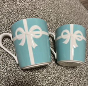 Tiffany & Co. Blue Ribbon Mug Cup Porcelain Set of 2 Genuine Coffee JAPAN Used