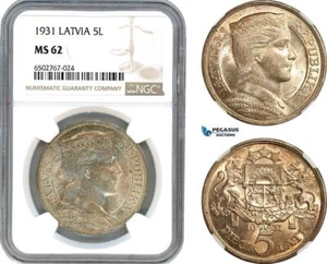 AH682, Latvia, 5 Lati 1931, Silver, NGC MS62 - Picture 1 of 1