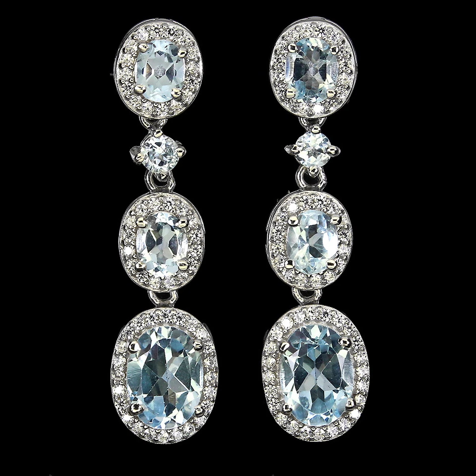 925 Orecchini Argento Sterling Ovale Topazio Blu 8x6mm Bianco Gemma Gioielli - Immagine 1 di 4