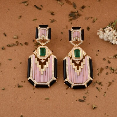 18.73TCW Emerald Lab Grown CVD Diamond Pink Opal Dangle Earrings 18k Yellow Gold - Image 1 of 4