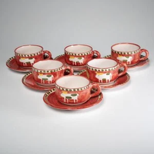6 Vietri Italian Pottery Solimene Hand Painted Red Cow Tea Coffee Cups Saucers B - Picture 1 of 6