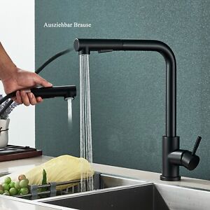 Matte Black Kitchen Sink Faucet Pull Down Sprayer Single Handle Swivel Mixer Tap