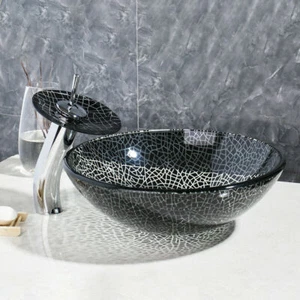 Various Round/Oval Bathroom Glass Wash Basin Sink With Brass Mixer Faucet Set-B - Picture 1 of 11