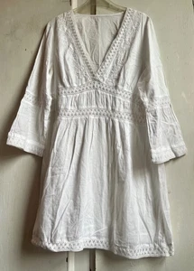 ✩Bonito Vestido de Playa Túnica Mangas Crochet Bordado Floral Algodón Blanco L✩ - Imagen 1 de 10