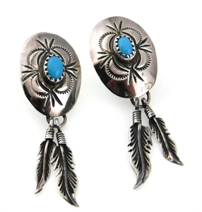 Pendientes colgantes firmados RB nativos americanos plata esterlina 925 turquesa pluma - Imagen 1 de 9