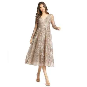 NWT Mac Duggal Embellished Plunge Neck Vintage Gold Long Sleeve Midi Dress 16 - Picture 1 of 11