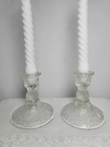 Pair of Vtg DUNCAN MILLER Sandwich Glass Embossed Candle Stick Holders 4.5" H - Picture 1 of 7