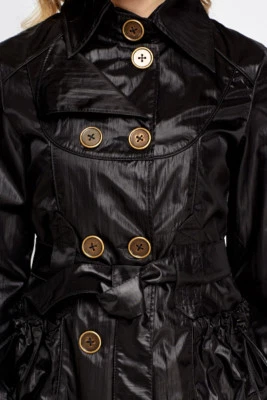 SIZE UK 8 S BLACK SHIMMER PVC FAUX LEATHER LOOK LINED JACKET TRENCH COAT MAC NWT - Image 1 of 4