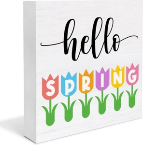 Spring Home Decor Hello Spring Wooden Sign Decor for Desk Table Shelf Wall 5 x 5 - Picture 1 of 7