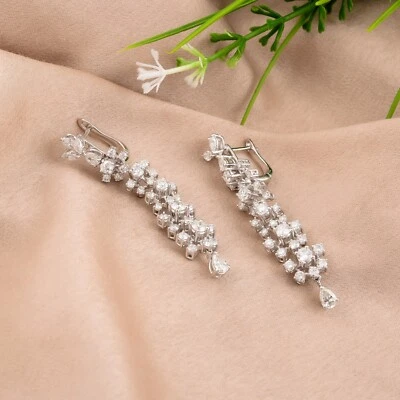 3.96 Ct Natural SI/H Multi Shape Diamond Dangle Earrings 14k White Solid Gold - Image 1 of 4