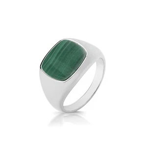 925 Sterling Silver Rhodium Plated Cushion Malachite Signet Ring - Picture 1 of 4