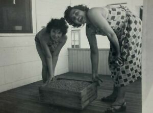 Two Women Weighing Box Of Peas On Porch B&W Photograph 3.5 x 5