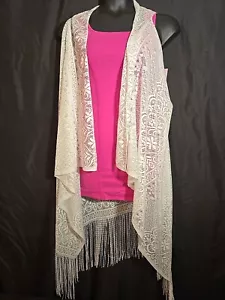 One Sz Ana & Rose Shawl. Sleeveless Duster. White Lace Fringe Trim Cover Up New - Picture 1 of 7