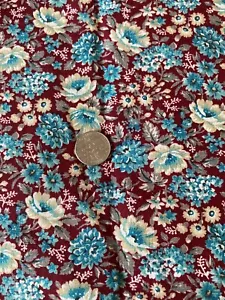Flower Print Fabric Cranberry Teal Floral Amertix 42" Wide By The 1/2 Yard - Picture 1 of 2