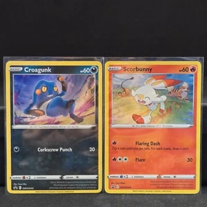 Pokemon Scorbunny swsh244 & Croagunk swsh245 check lane lost origin blister NM - Picture 1 of 3