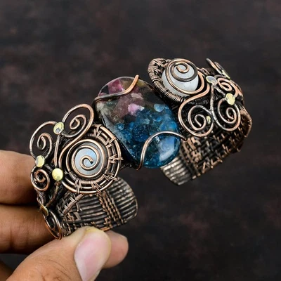 Watermelon Tourmaline Stone Rainbow Moonstone Wire Wrapped Cuff Jewelry Copper - Image 1 of 4