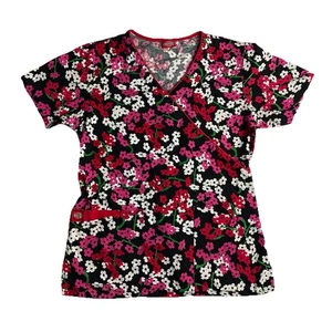 Dickies Scrub Top Womens XS Black Red Pink Flowers Floral Print 100% Cotton - Picture 1 of 6