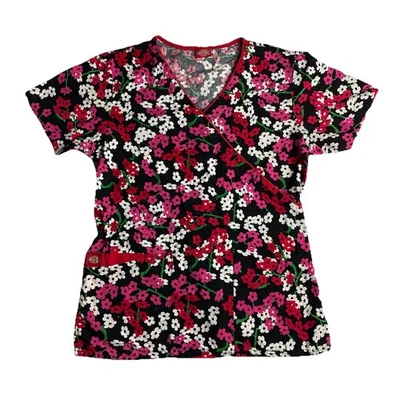 Dickies Scrub Top Womens XS Black Red Pink Flowers Floral Print 100% Cotton - Image 1 of 4