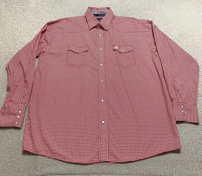 Wrangler Mens XL Western Shirt Red Geometric Long Sleeve Pearl Snap Button-Down - Image 1 of 4