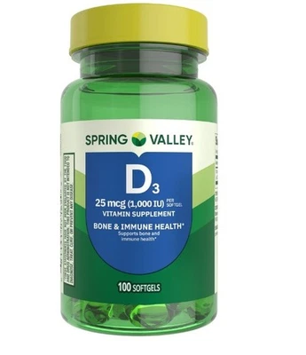 Spring Valley Vitamina D3 Suplemento de Salud Ósea Cápsulas Blandas 25 Mcg 100 Unidades Foto 1 de 4
