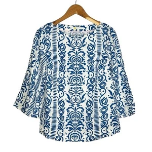 Boden Leinen Laurie Top Gr. 4 Abstrakt Blumen Batikmuster Weiß Blau Neu mit Etikett - Bild 1 von 13