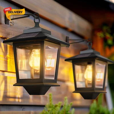 2 Pack Solar Wall Lanterns with Replaceable Bulb Outdoor Hanging Lights with 4.. - Image 1 of 4