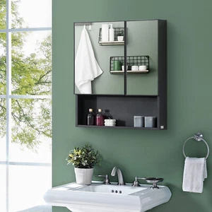 kleankin Wall-Mounted Medicine Cabinet with Mirror, Bathroom Cabinet Black - Picture 1 of 11