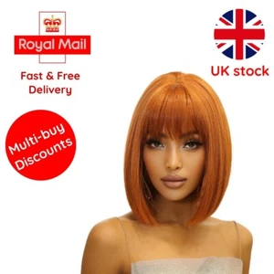 Short Straight Synthetic Wigs Ginger Brown Bob Wigs with Bangs for Women Cosplay - Picture 1 of 6
