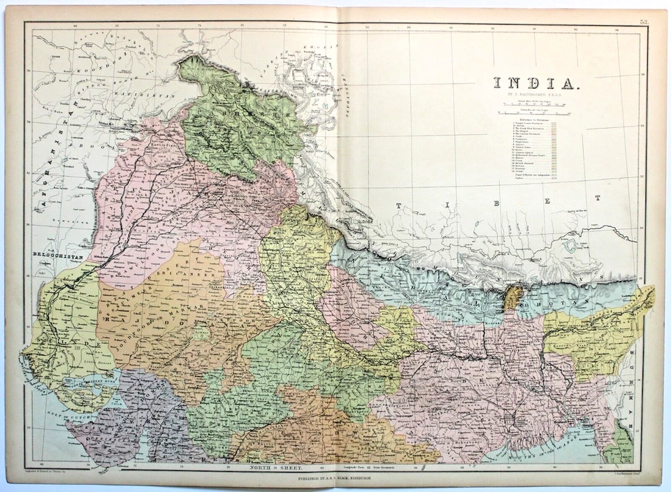 Mapa antiguo auténtico coloreado a mano del norte de la India 1879 Foto 1 de 1