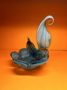 RARE Vtg Mexican Glass Mid Century Blown Glass Art Blue White Swirl Rooster Dish - Picture 1 of 8