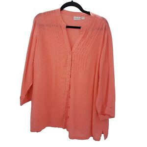 Kim Rogers 100% Linen Button Up Blouse Womens 1x Coral Orange Pintuck Pleat Top