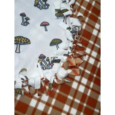Plaid Mushroom Tie Blanket Handmade Fleece Bohemian Nature - Image 1 of 4