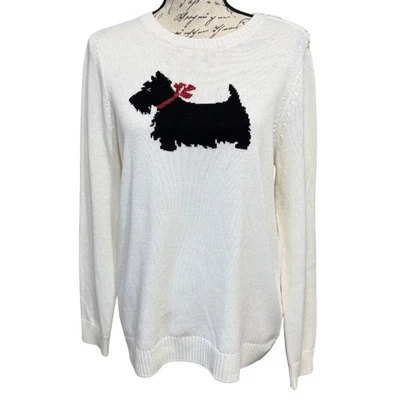 Charter Club Scotty Dog Crewneck Sweater Women M Ivory Shoulder Buttons Holiday - Image 1 of 4