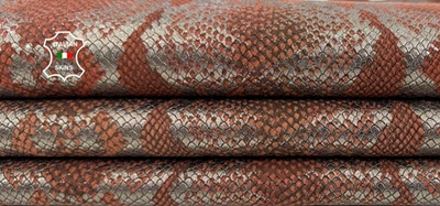 METALLIC GUNMETAL SNAKE PRINT ON TERRACOTTA Calf Leather hide 9+sqf 0.8mm #C6798 - Image 1 of 4