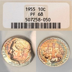PF68 1955 10C Roosevelt Silver Proof Dime, NGC- Fatty Holder, Rainbow Toned - Picture 1 of 11