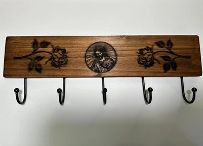 New: Laser Engraved Jesus Image and Roses Coat Hanger with Dark Walnut Stain - Image 1 of 2