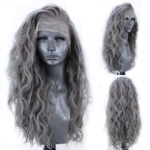 US 24inch Synthetic hair Glueless Lace front wigs Long Curly Wavy Gray Full Head
