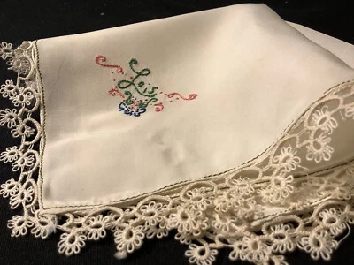 8883🌟Винтажный 20-х годов ручной работы монограмма имя «LOIS» татуированный кружевной свадебный носовой платок - Изображение 1 из 4