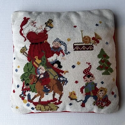 Needlepoint Throw Pillow Santa Elves Christmas Embroidery Wool Red 13" x 13" - Image 1 of 4