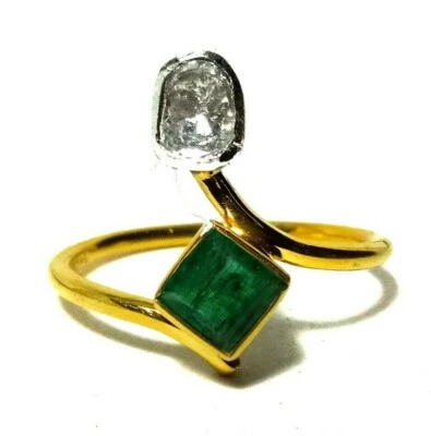 Viktorianisch Polki Diamant 925 Sterlingsilber Smaragd Edelstein Ring Damen - Bild 1 von 2