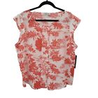 Tahari Floral Toile Print Blouse Womens XL Cap Sleeve Pleated Front Top