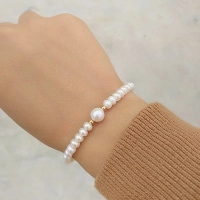 Genuino AAA+5-9mm Natural Mar del Sur Blanco Redondo Perla Elasticidad Pulsera 7.5-8" Foto 1 de 4