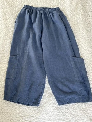 Bryn Walker Elastic Wide-Leg Crop Pockets Capri Pants, 100% Linen Blue - Small - Image 1 of 4