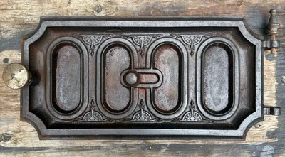 Antique Ornate Victorian Era Cast Iron Stove Door w/ Knob & Vent Roughly 12”x6” - Image 1 of 4