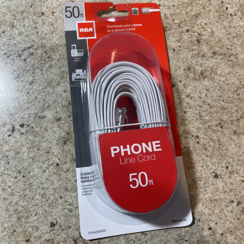 RCA 50 FT PHONE LINE CORD MODULAR TELEPHONE CABLE WHITE TP443WHR, New! - Image 1 of 4