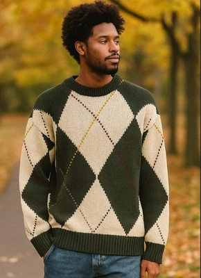 Chunky Vintage Preppy Academia Argyle Men’s Sweater Cotton Ramie Sz M - Image 1 of 4