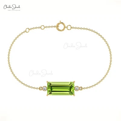 Real 14k Gold Diamond Accent Chain Bracelet 14X7mm Baguette Cut Peridot Gemstone - Image 1 of 4