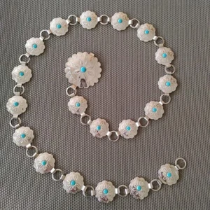 Vintage Concho Silver Tone Faux Turquoise Chain Belt Western Southwestern 36” - Picture 1 of 6
