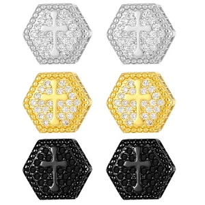 Womens Mens Stainless Steel Hexagon Ear Studs Delicate Shining CZ Cross Earrings - Picture 1 of 30